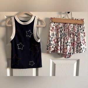btween Girls Active Set Blue Top and White Skort with red and blue stars